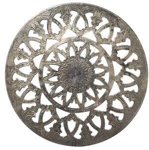 Vintage Silver Plate and Glass Trivet Penwork Design with Etched Details